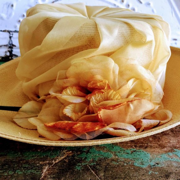 Vintage Mustard Big Flower Wide Brim Straw Hat main image 5